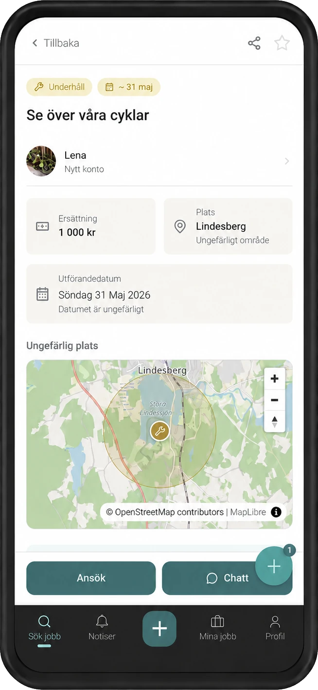 En jobbannons i Moxo med ungefärlig plats på karta