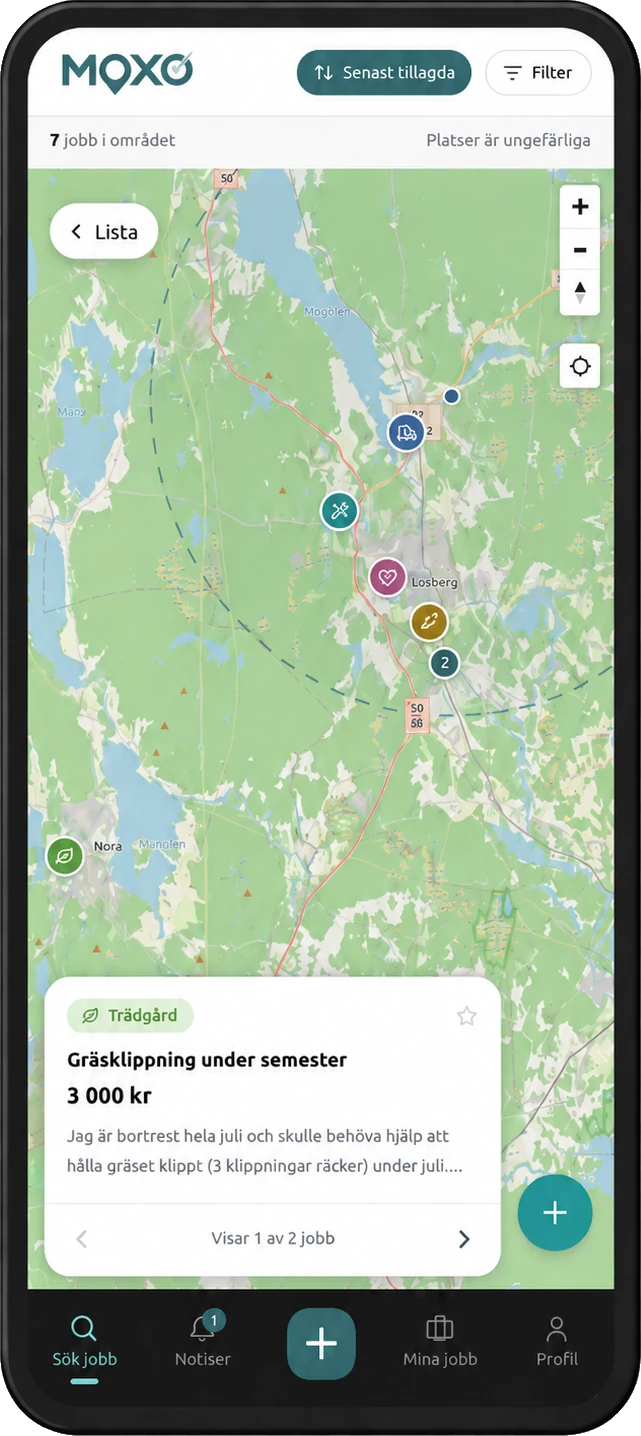 Moxo-appen visar lediga jobb utplacerade på en karta